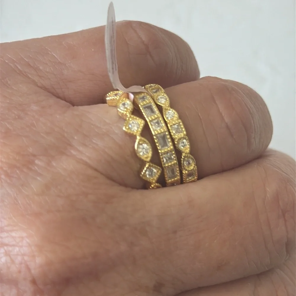 Set of 3 Stacking Rings Gold Plated 925 Sterling Silver Rings CZ Sones Sz. 8